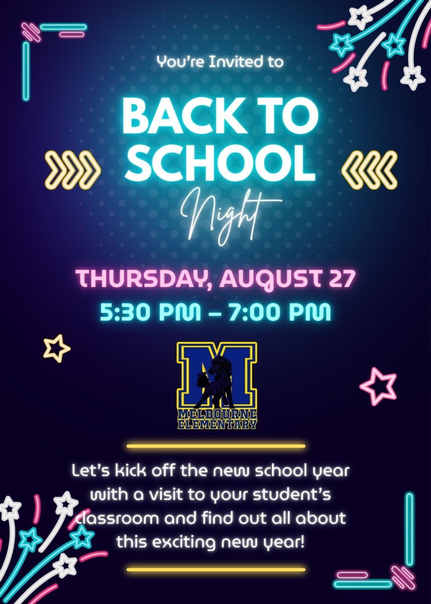Neon glowing letters inviting families to back to school night on a black background